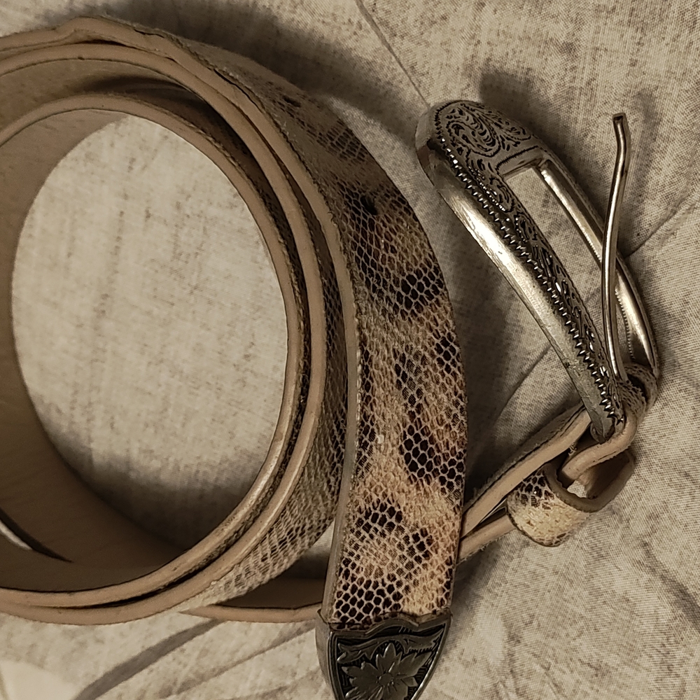Snake Print Leather Belt with Silver Buckle